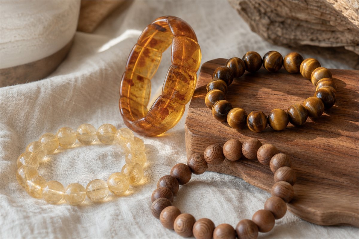 Honey amber, tiger eye, pale citrine, and brown wood bracelets