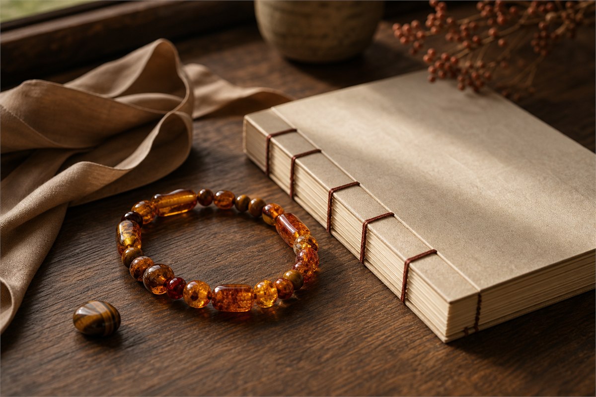 Amber bracelet beside a plain hand-bound book, silk ribbon, and tiger-eye-colored stone.