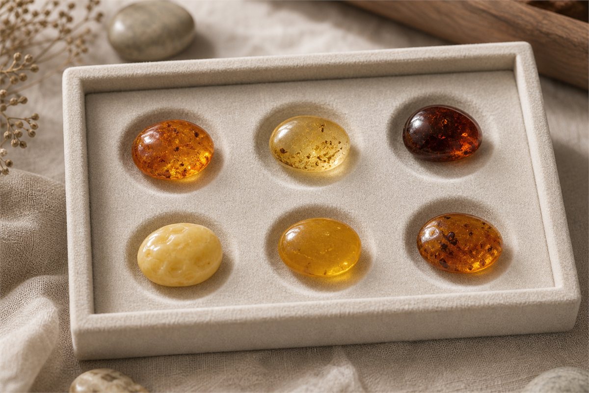 Six amber samples with varied clarity, color, opacity, and fracture appearance.