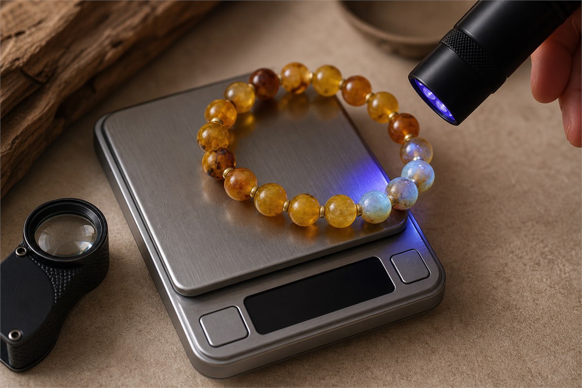Amber bracelet on a jewelry scale with localized pale-blue UV fluorescence.