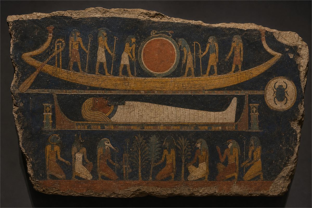 Painted tomb-wall reconstruction with a solar boat, recumbent wrapped solar body, divine figures, and a separate scarab motif