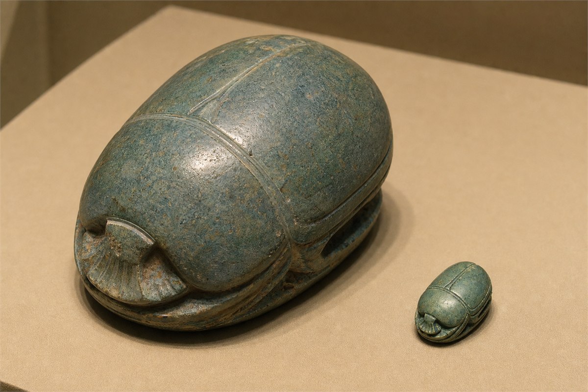 Large worn blue-green glazed scarab beside a much smaller ordinary scarab on a museum mount