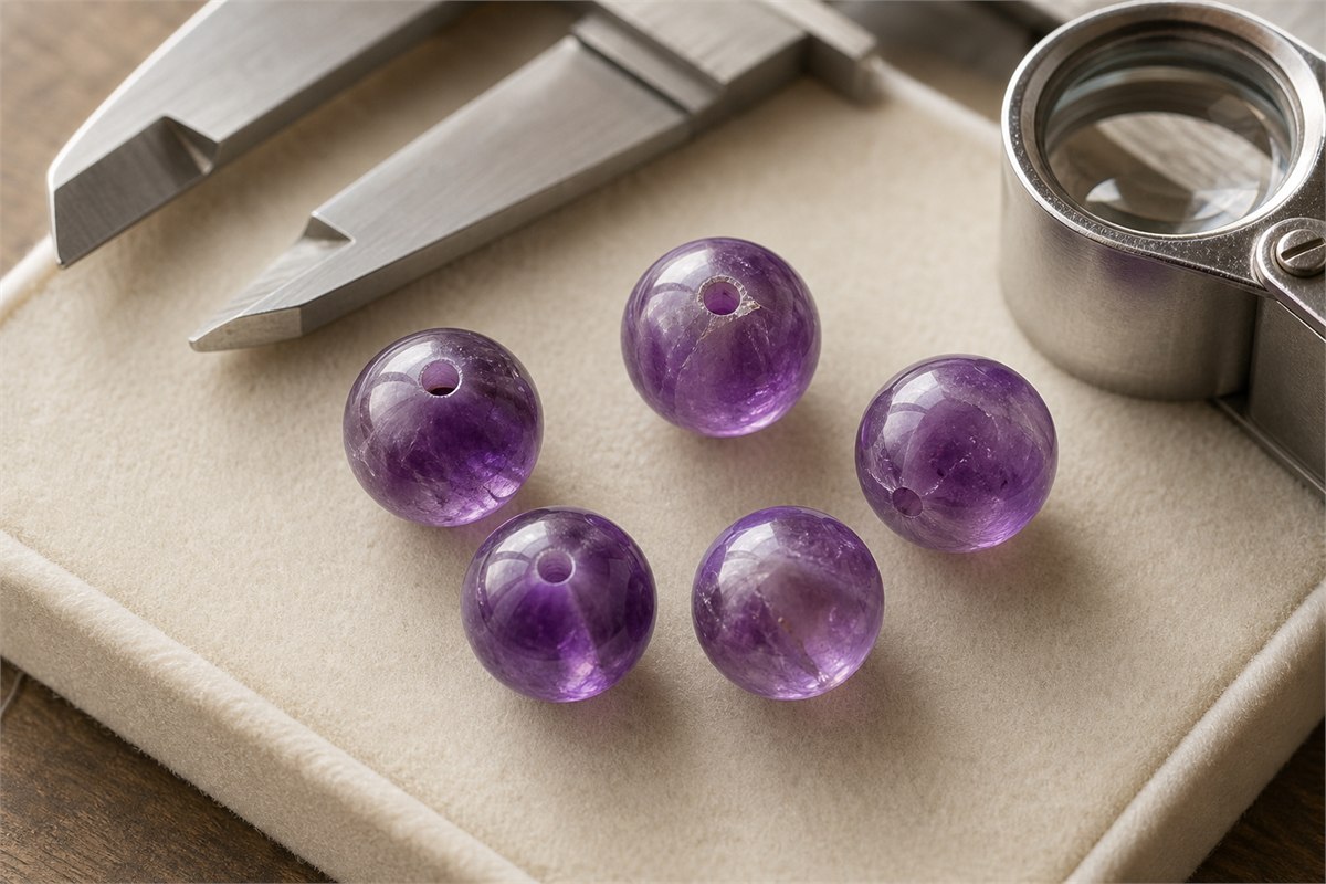 Loose amethyst beads beside a caliper and loupe showing polish and drill holes