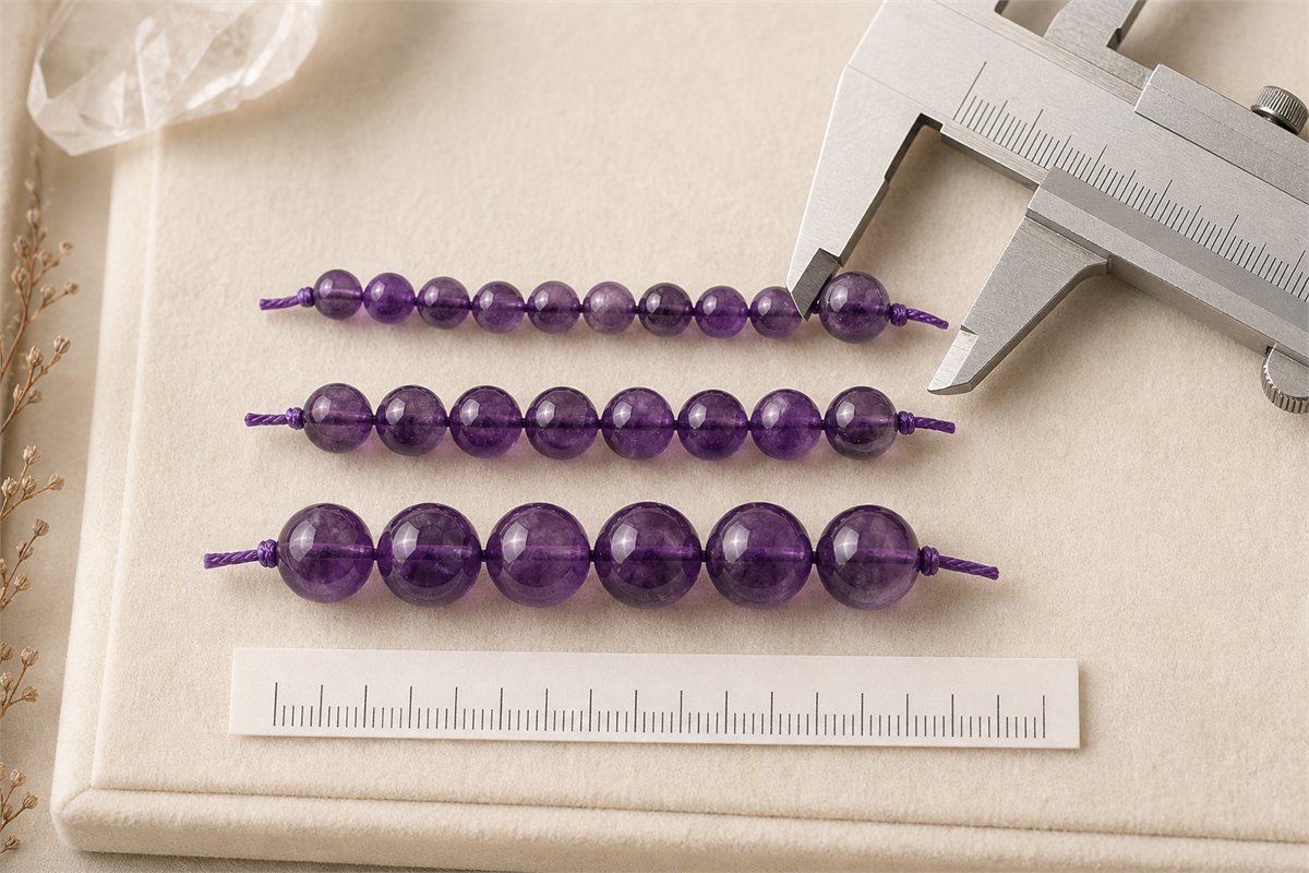 Three strands of small medium and large amethyst beads beside a caliper