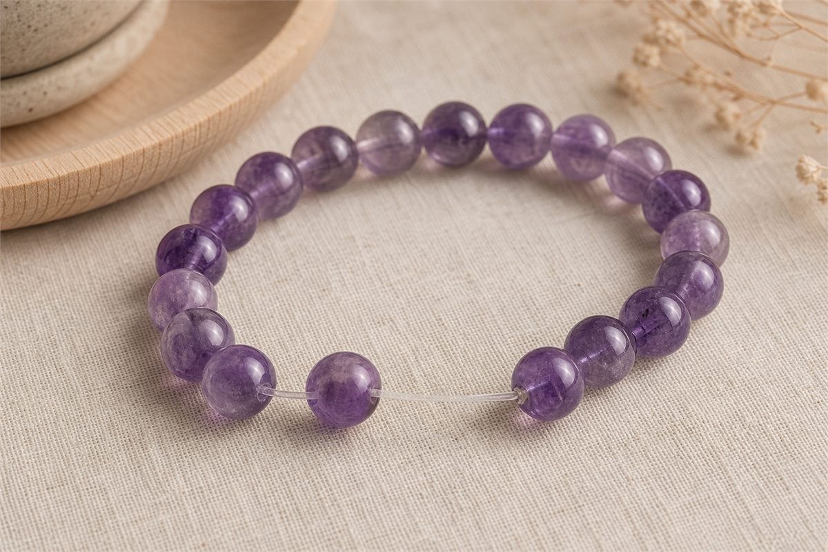 Close view of drilled amethyst beads threaded on clear elastic cord