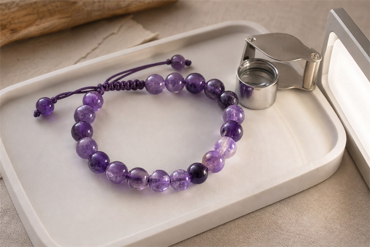 Amethyst bracelet on an inspection tray under neutral side light with a loupe