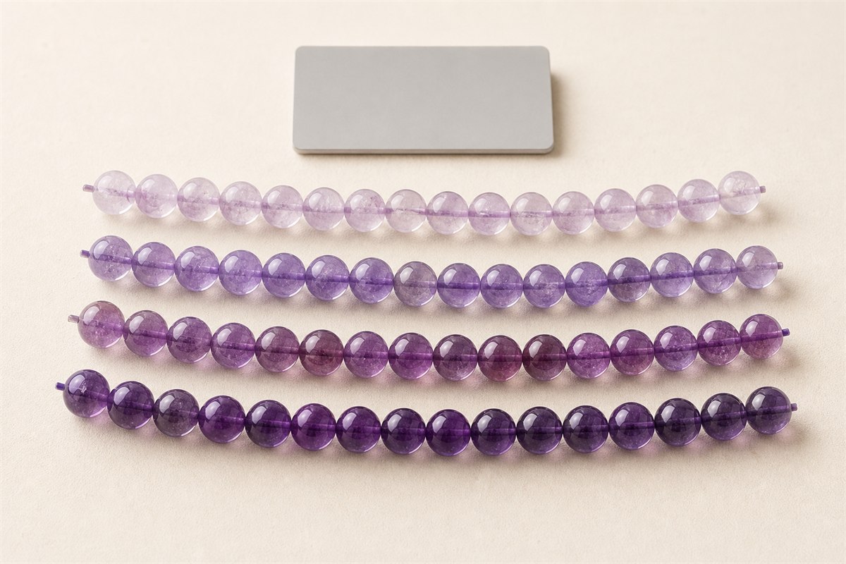 Four rows of amethyst beads ranging from pale lilac to deep violet under the same light