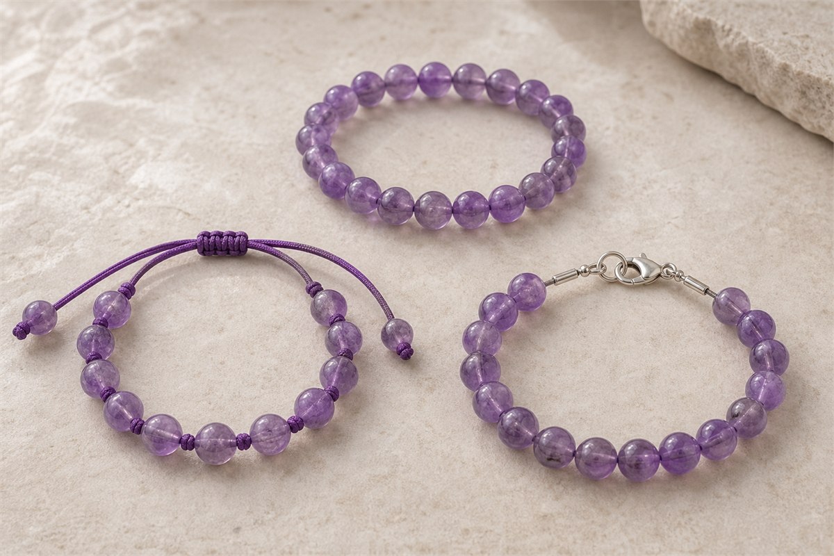 Three amethyst bracelets made with elastic adjustable cord and a metal clasp