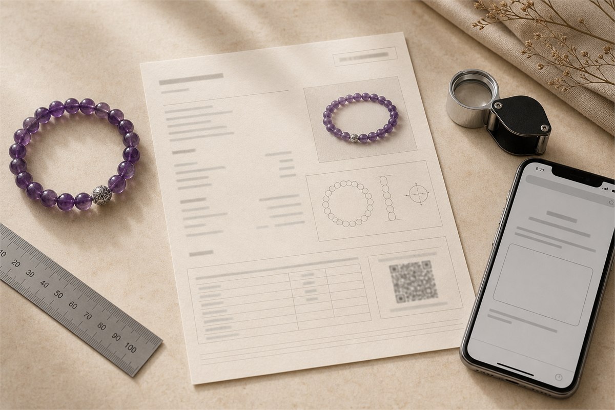Amethyst bracelet beside an unbranded gem report ruler loupe and verification screen