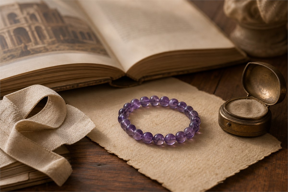 Amethyst bead bracelet beside an old art book and an aged jewelry box