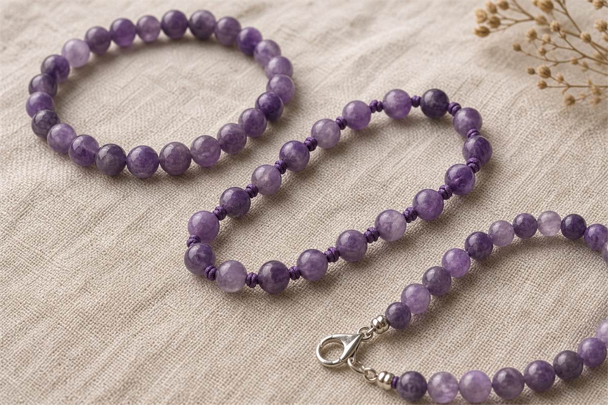 Amethyst bead strands showing elastic knotted cord and a silver toned clasp