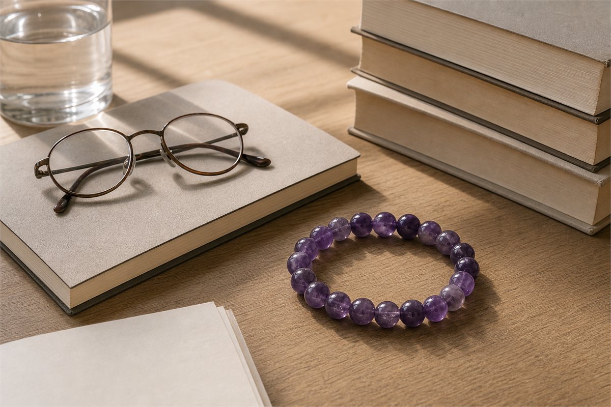 Amethyst bracelet beside plain books reading glasses and water on a quiet desk