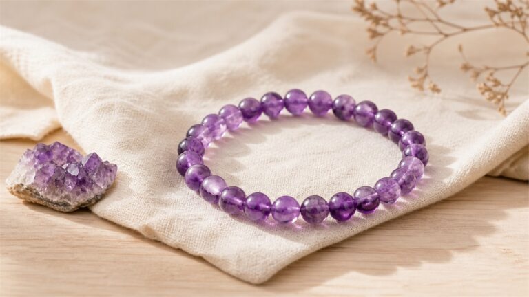 Amethyst bead bracelet beside a rough purple quartz cluster on ivory linen