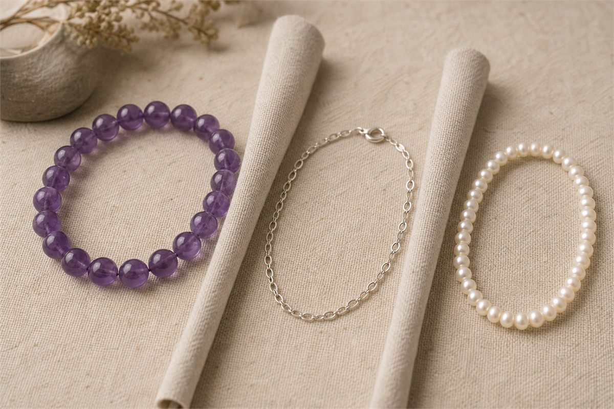 Amethyst silver and pearl bracelets separated by soft linen dividers