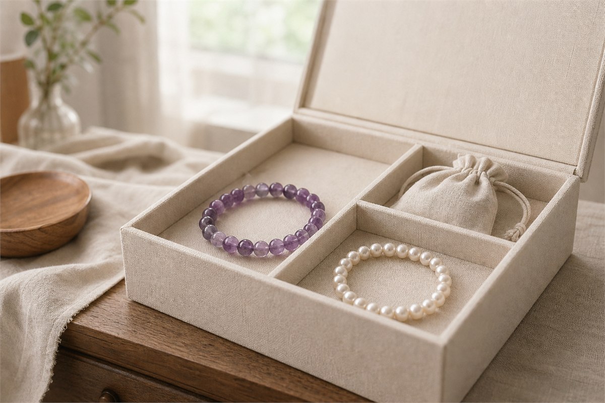 Amethyst and pearl bracelets stored in separate compartments of a shaded jewelry box