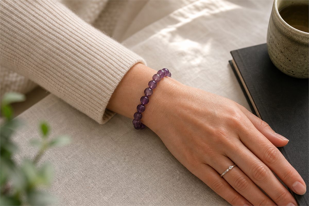 Amethyst bead bracelet worn with a cream knit sleeve beside a dark book and green cup