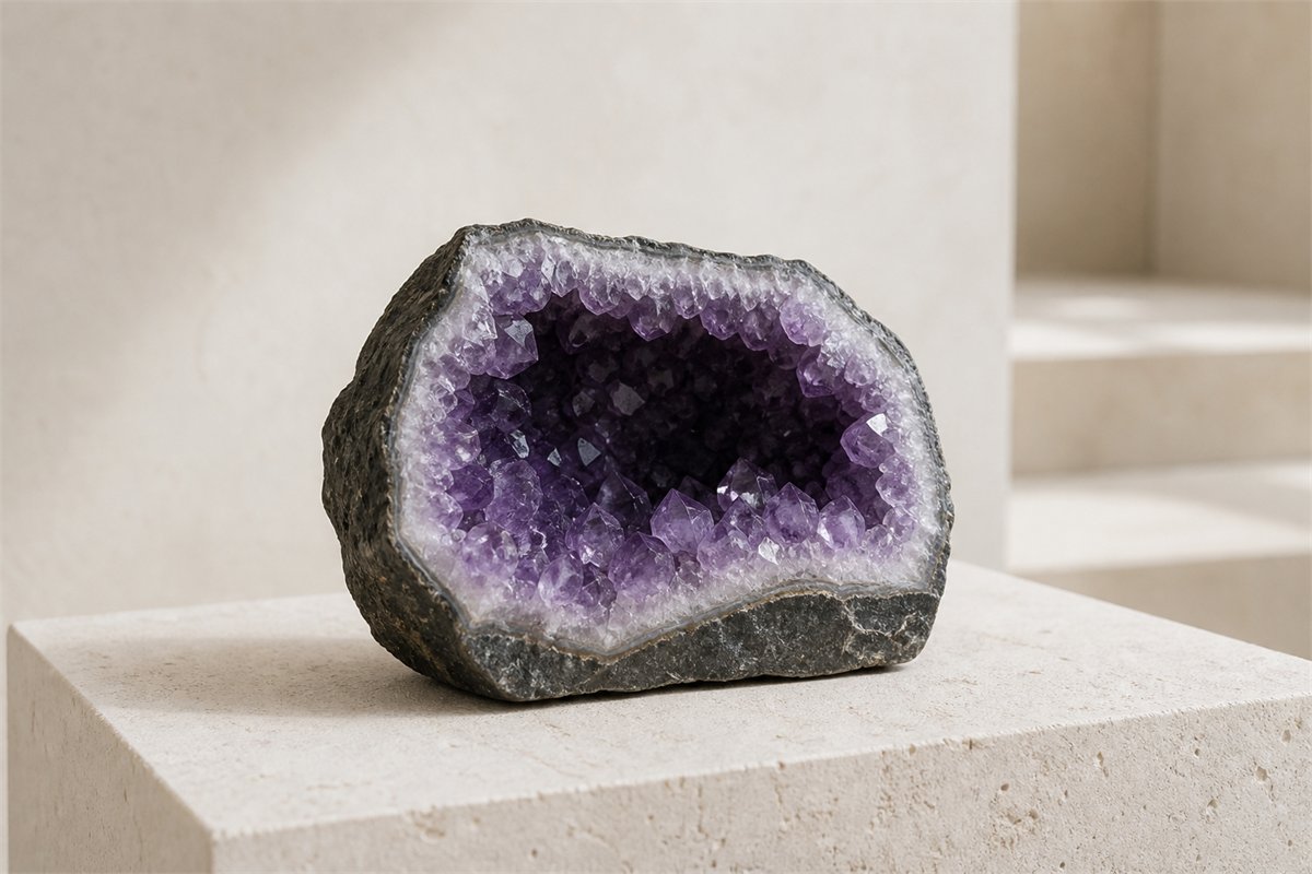 Cut amethyst geode showing purple quartz crystals, pale chalcedony layers, and dark host rock