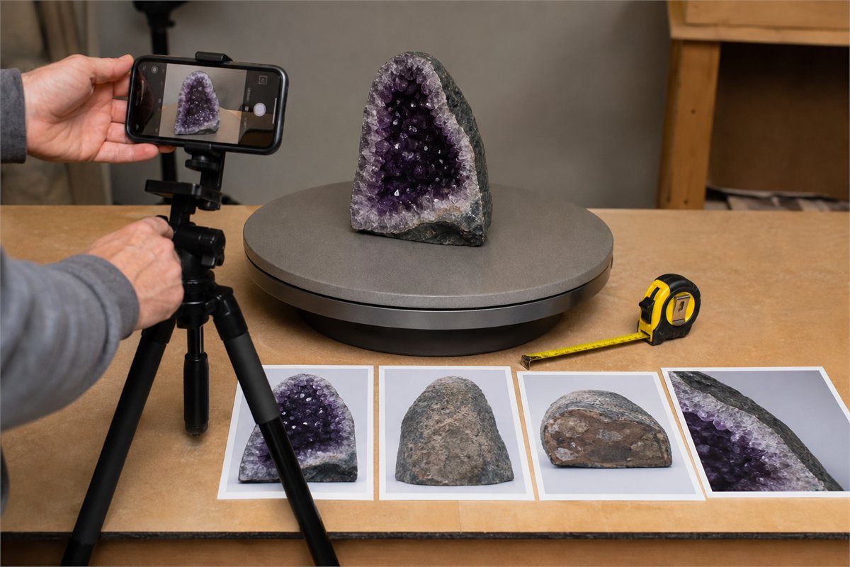 Seller photographing the front, back, base, rim, and dimensions of an amethyst geode