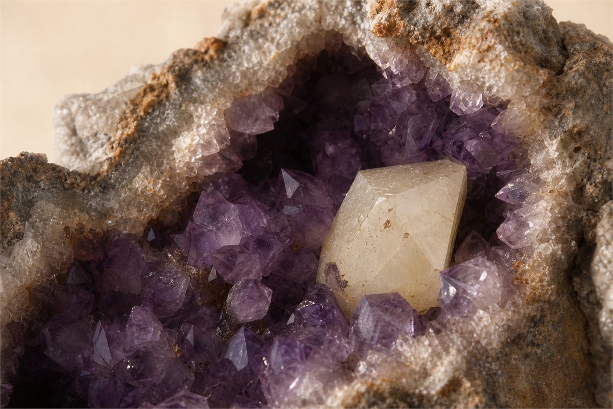 Cream calcite crystal among purple amethyst points with small iron-oxide specks