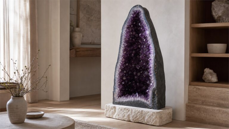 Large upright amethyst geode cave on a stable stone base in a warm neutral interior