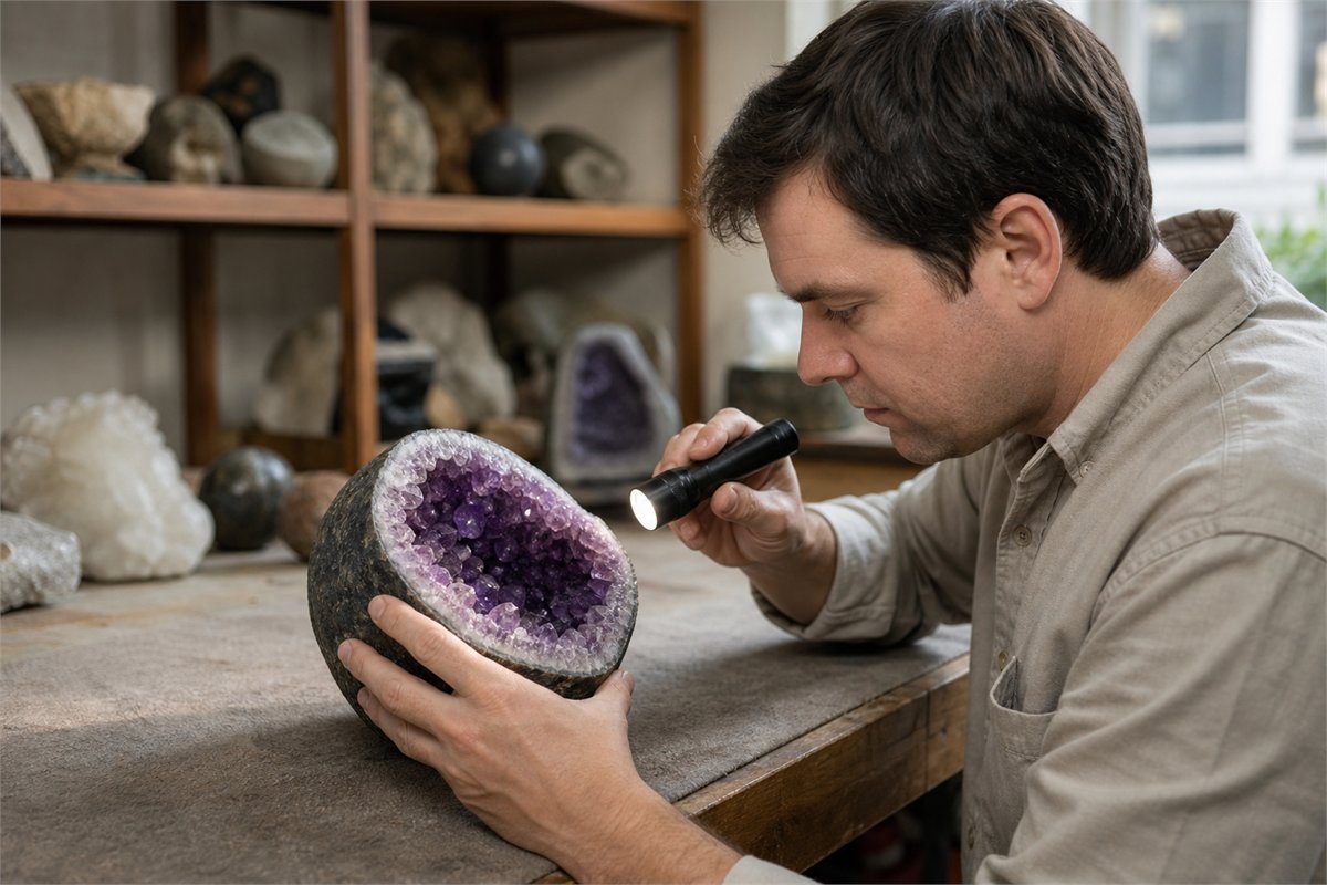 Collector checking an amethyst geode rim and base while avoiding sharp crystal points