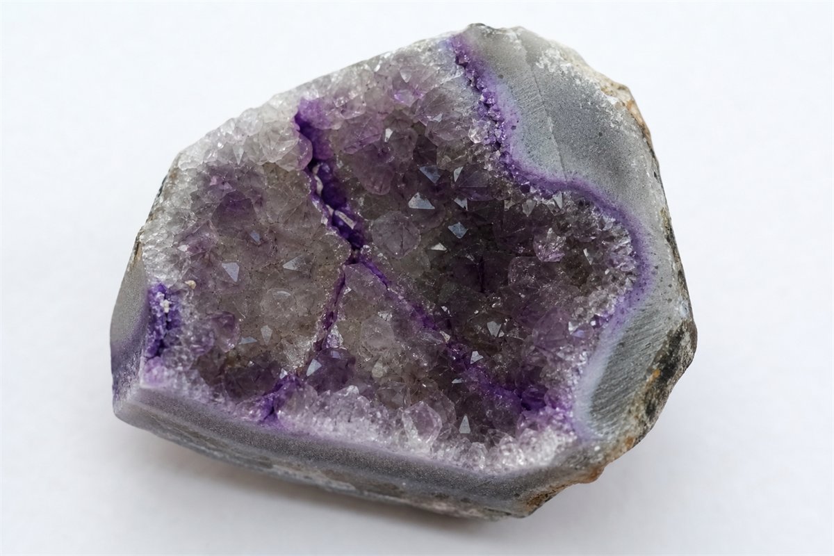 Quartz geode fragments showing natural zoning and suspicious color pooled in a fracture