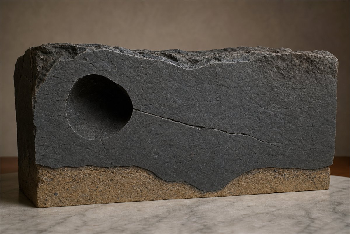 Cutaway model of cooled basalt with an empty gas cavity and a narrow fracture