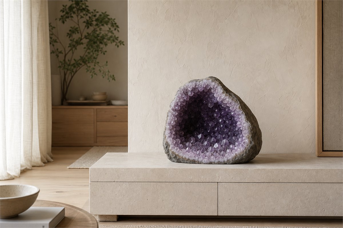 Amethyst cave displayed as a stable focal object in a warm neutral living room