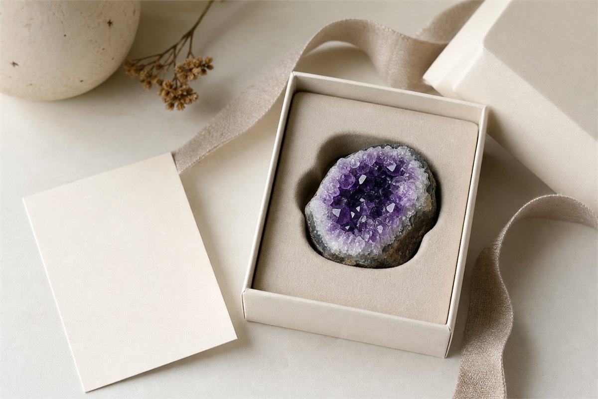 Small amethyst geode in a fitted warm ivory gift box with a care card