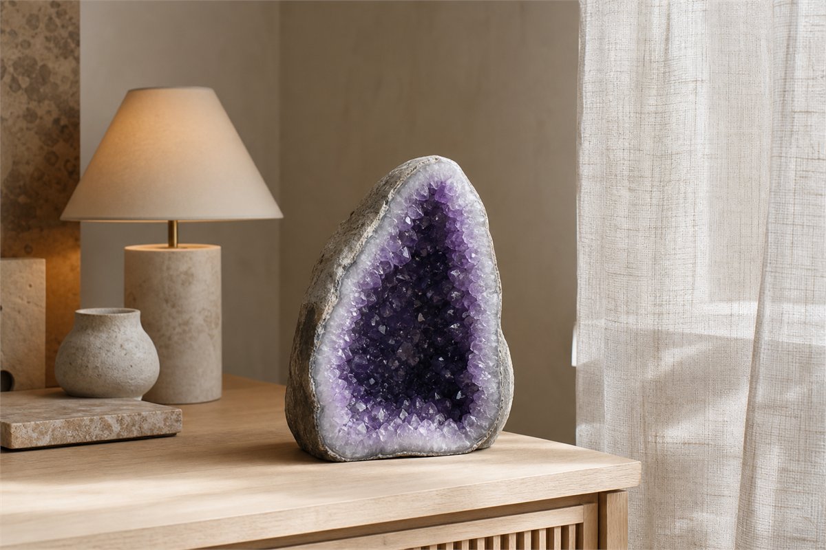 Amethyst geode beside a sheer-curtained window in indirect daylight