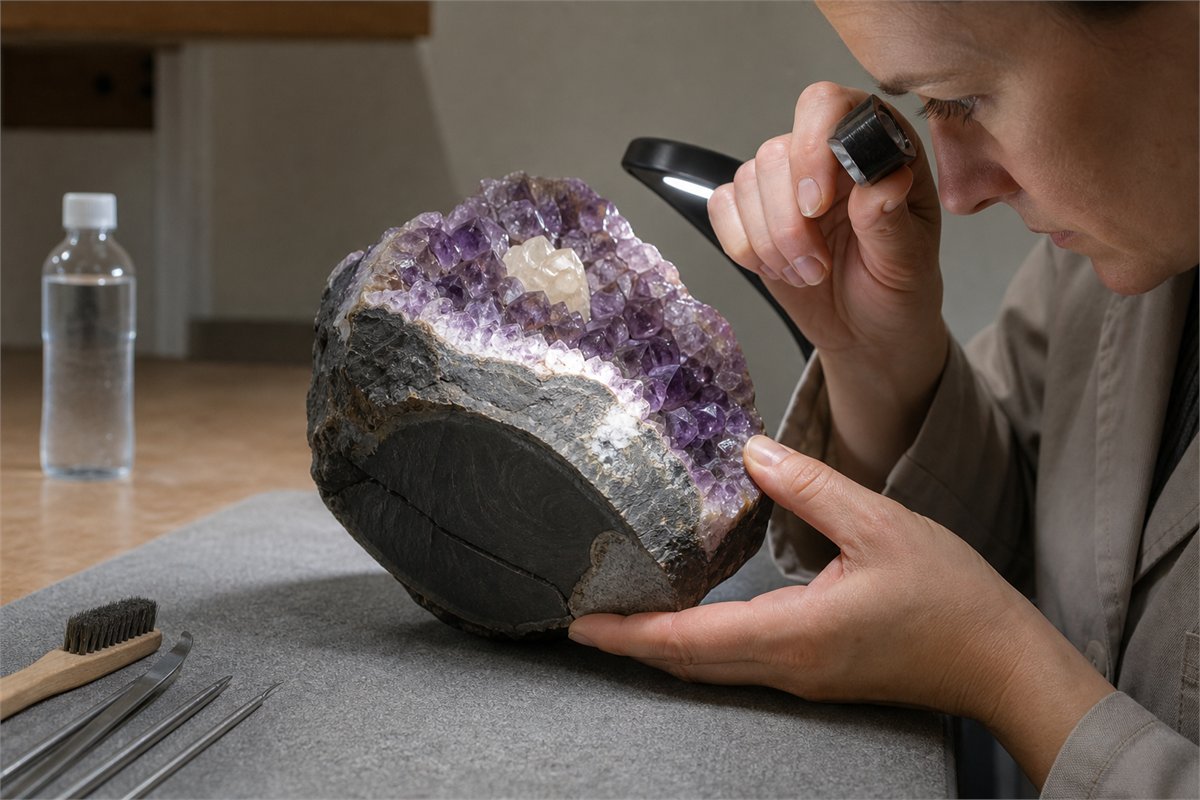 Mineral conservator inspecting an amethyst geode backing, repair, and calcite before cleaning