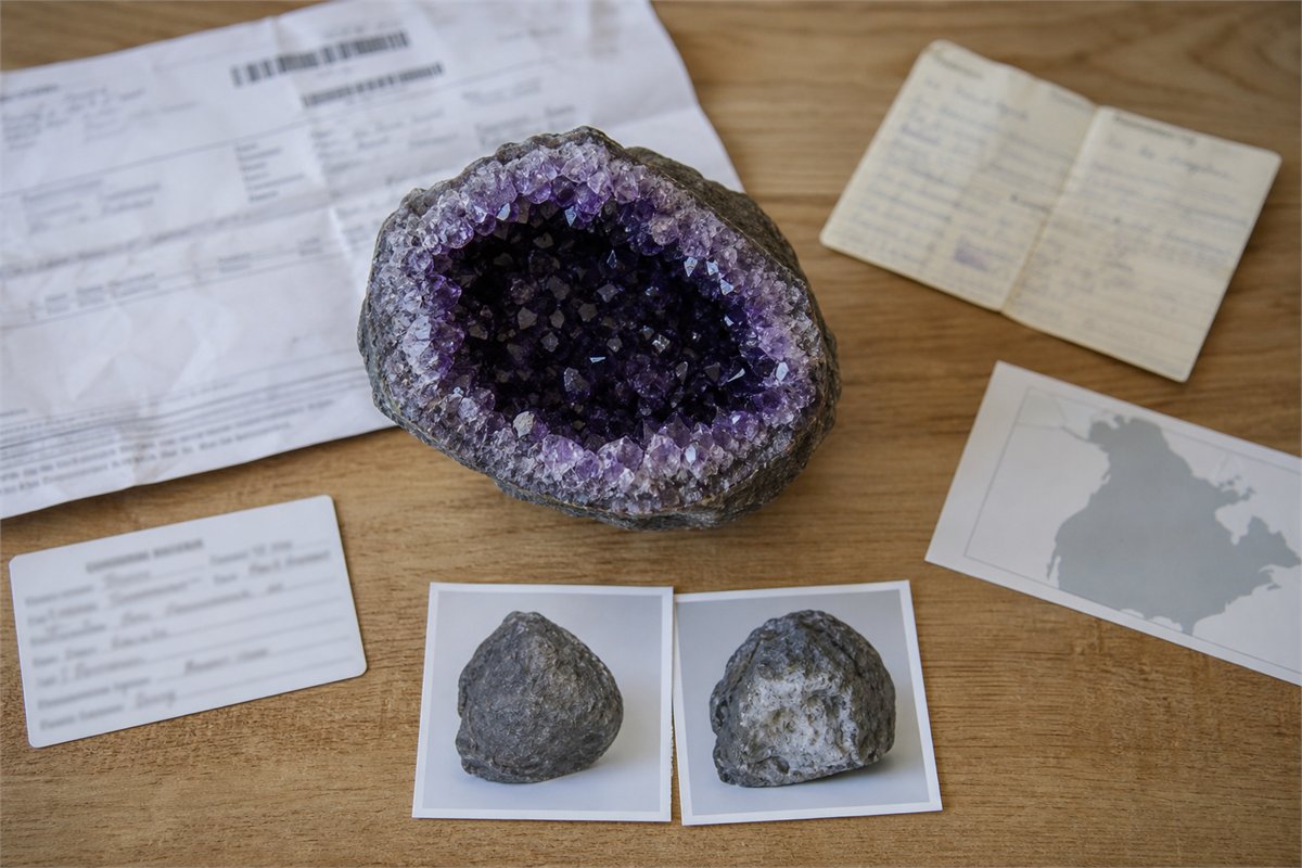 Amethyst geode with origin records and photographs of its back and base