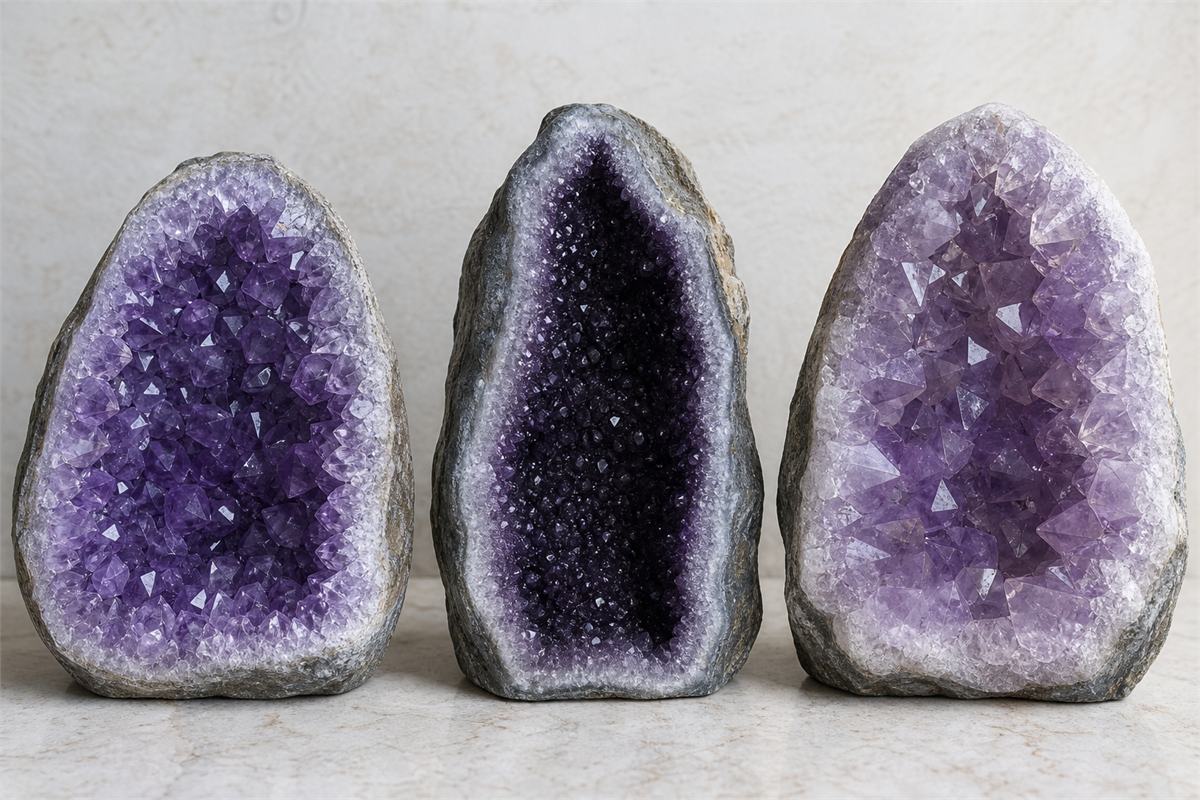 Three amethyst geodes with different color depth and crystal size in the same daylight