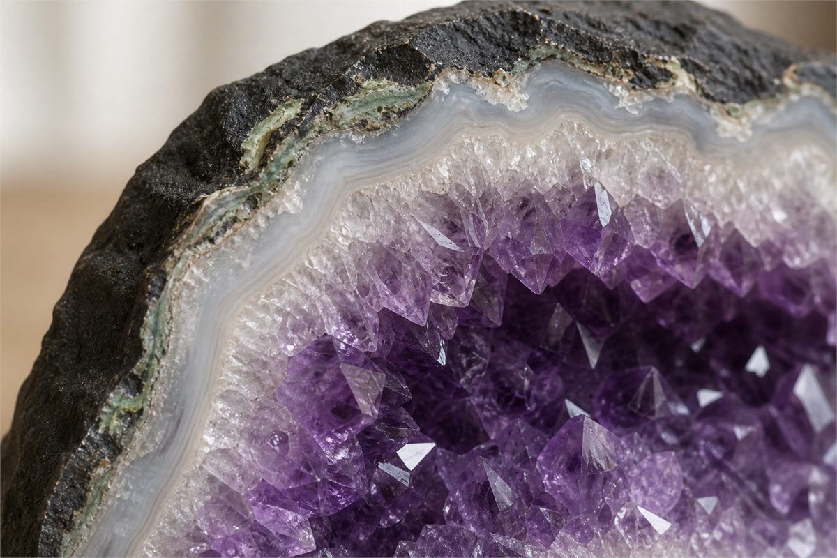 Close view of basalt, pale agate and quartz layers surrounding purple amethyst crystals