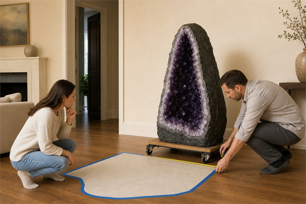 Two people measuring room space for a stable medium-large amethyst cave