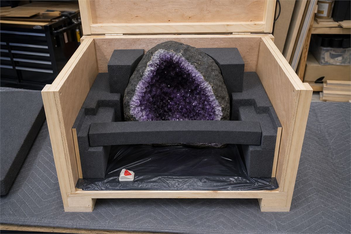 Open crate supporting an amethyst geode by its host rock with clearance around crystal tips