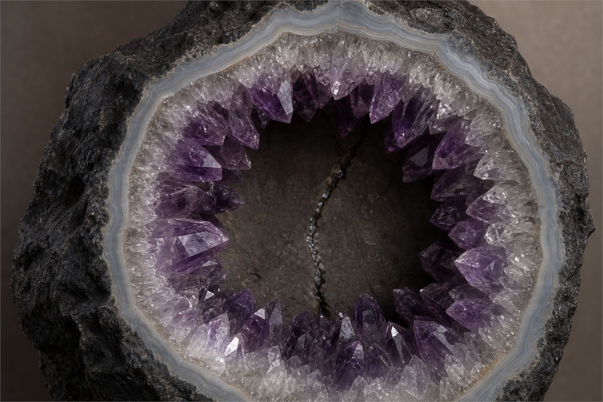 Basalt cavity cutaway with chalcedony, clear quartz, and inward-growing amethyst crystals