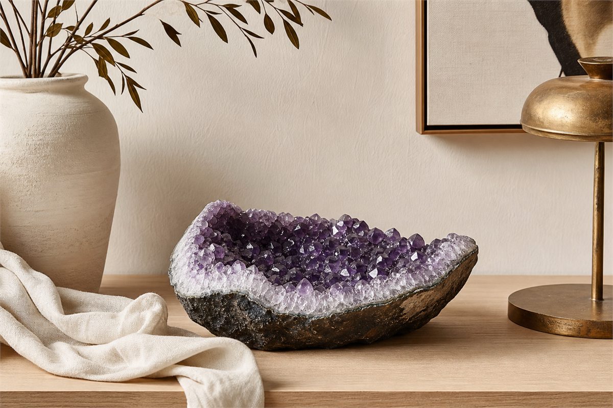 Low basin-shaped amethyst geode displayed as a decorative trade form