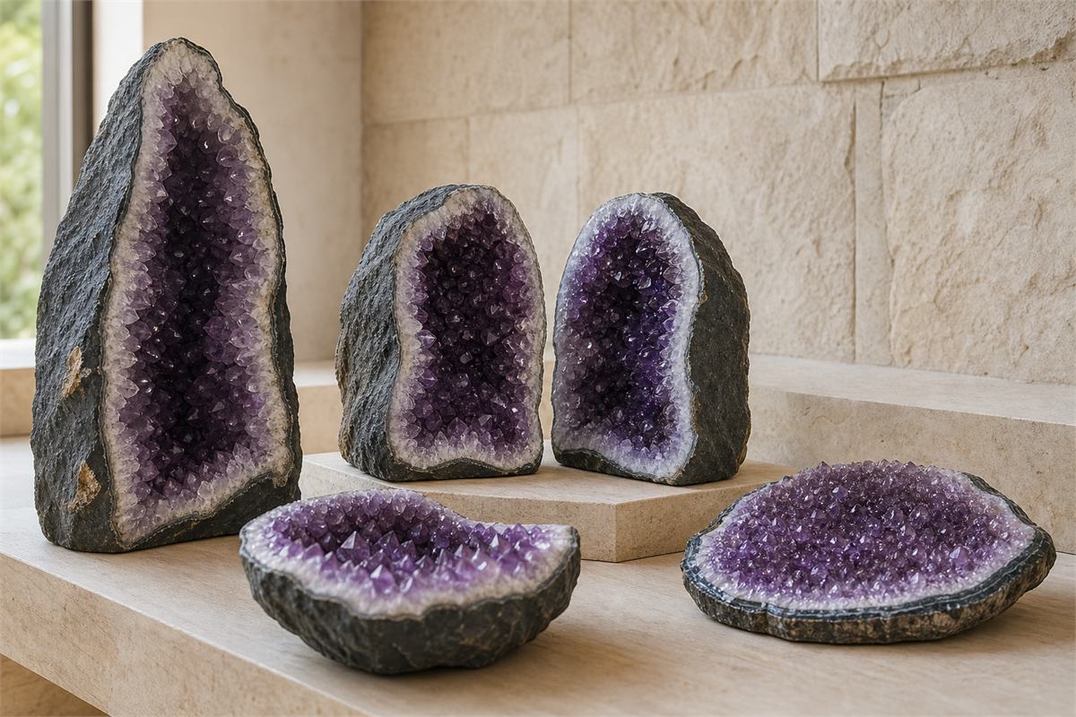 Upright cathedral, matched pair, tabletop geode, and polished amethyst slice