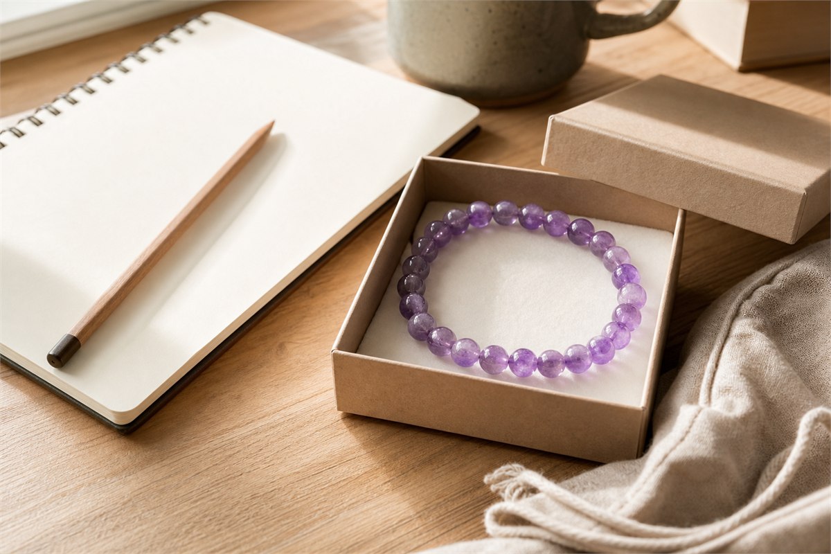 Small amethyst bracelet gift beside blank study notes, pencil, and neutral paper box