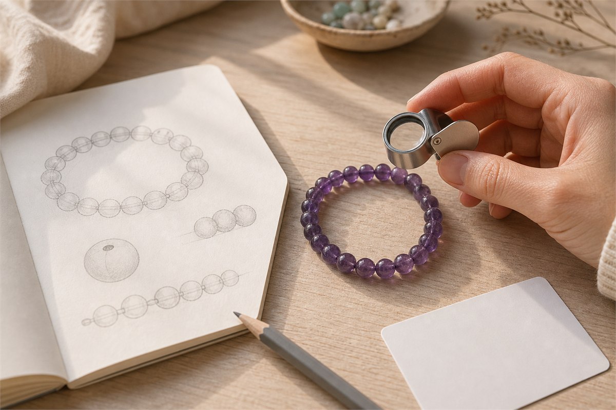 Hand observing an amethyst bracelet with a loupe beside sketched bead notes