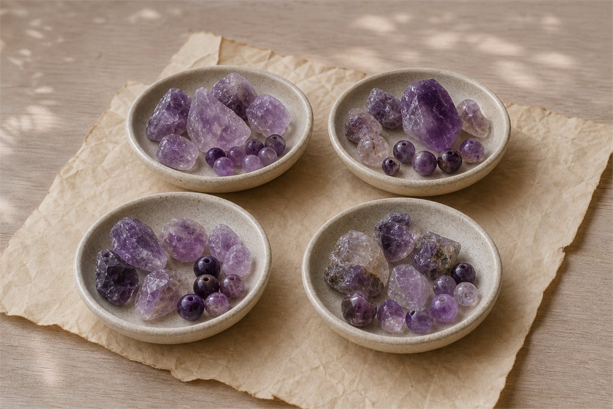 Four equal dishes containing varied rough amethyst and polished purple quartz beads