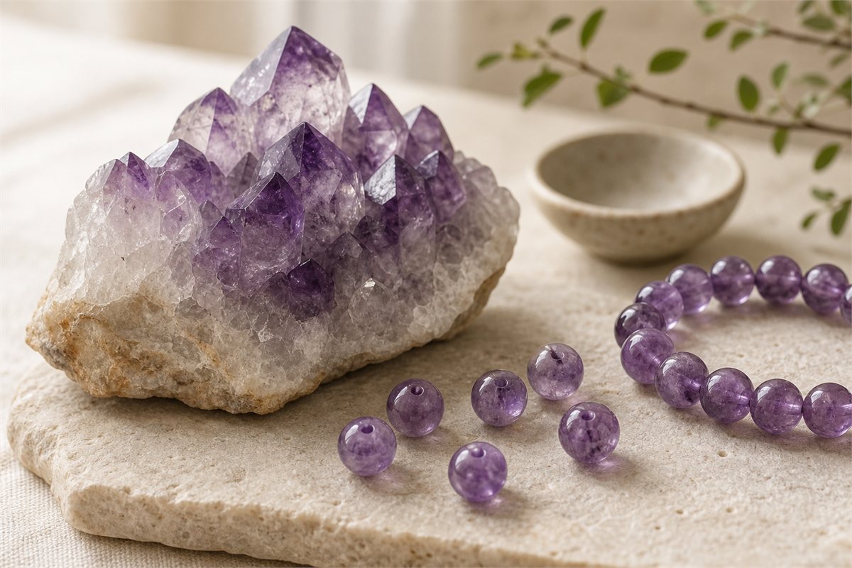 Rough amethyst quartz cluster beside drilled beads and an amethyst bracelet