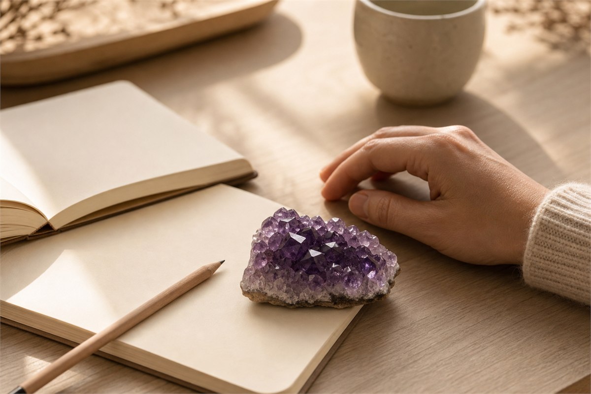 Natural purple amethyst cluster beside a blank notebook and resting hand