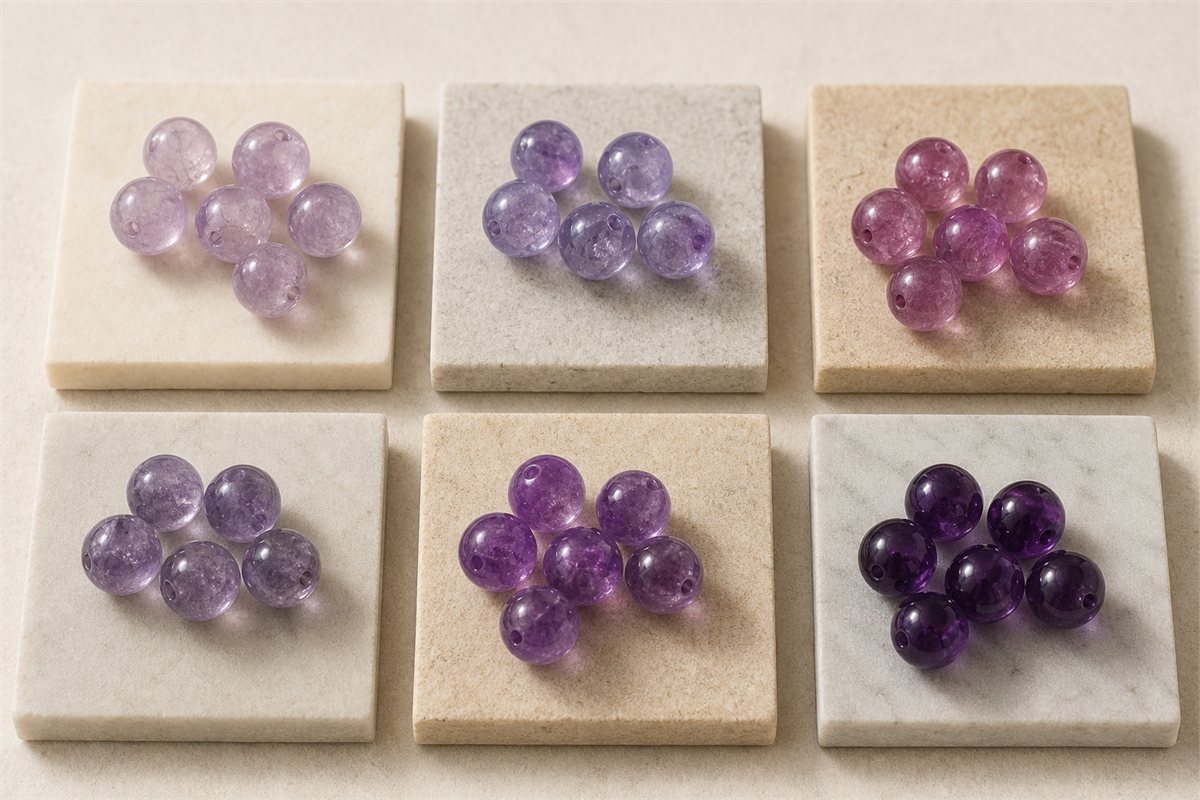 Six groups of amethyst beads showing varied hue tone saturation and transparency