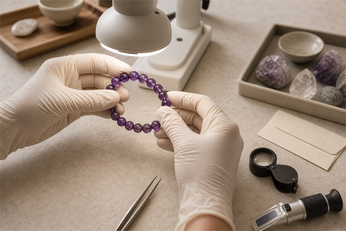 Gloved jeweler examining an amethyst bracelet under a neutral gem inspection lamp