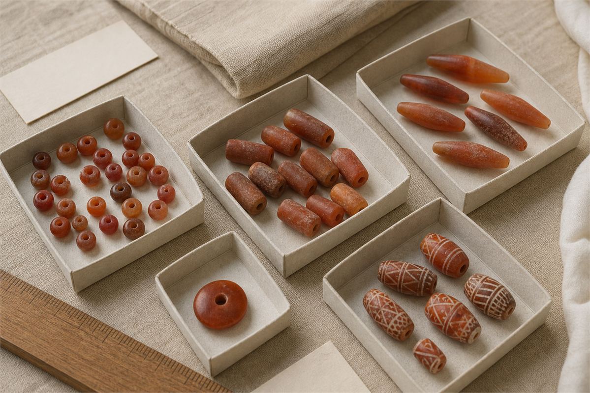 Museum study trays with round, barrel, biconical, flattened, and decorated carnelian bead forms