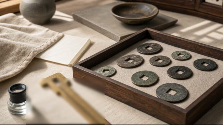 Square-holed Chinese cash coin forms arranged in an archival tray with a loupe and caliper