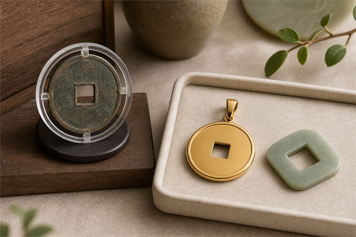 Old square-holed study coin in a removable support beside modern gold-toned and jade-toned motifs