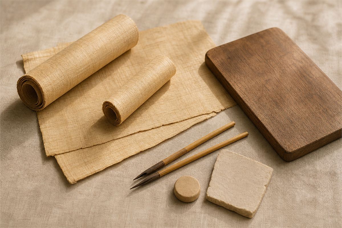 Museum-style still life of ancient Egyptian papyrus rolls, reed pens, a seal, and docket fragments used to suggest administration and court records